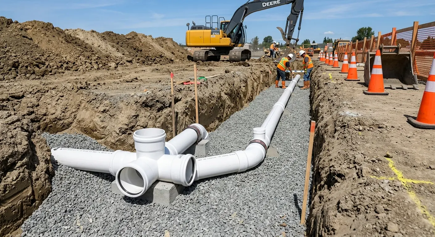 New PVC sewer pipe installation in open trench for Sewer Backup in Citrus
