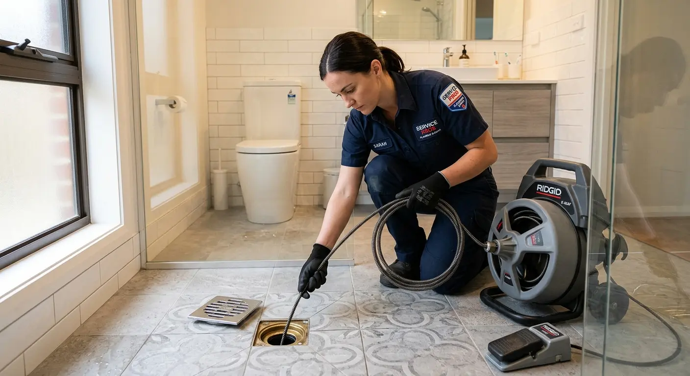 Technician clearing a bathroom floor drain for Hydro Jetting in Citrus